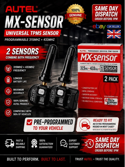 Genuine AUTEL MX-Sensor TPMS Sensor Pre Programmed To Your Vehicle Rubber Valve x2